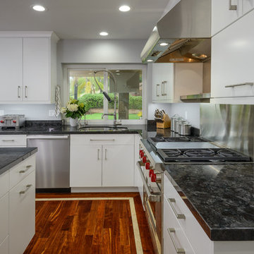 Modern Kitchen Remodel with Bold Hardwood Floor
