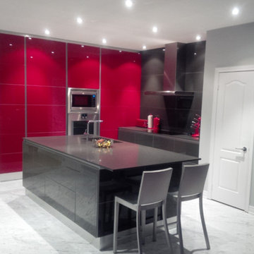 Modern Kitchen Style, Recessed Lighting, High Gloss Cabinets, Red and Gray Kitch