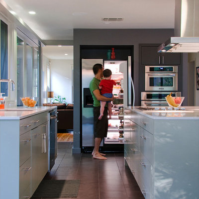 Kitchen - contemporary kitchen idea in Other with stainless steel appliances, flat-panel cabinets and gray cabinets