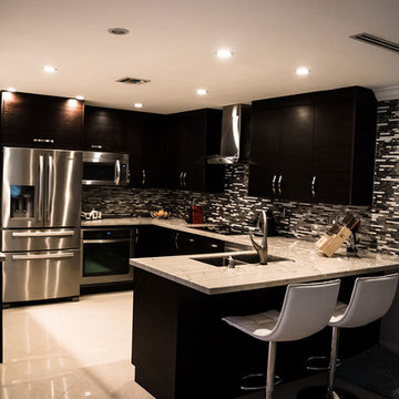 modern kitchen wengue colored with white macaubas quartzite countertop