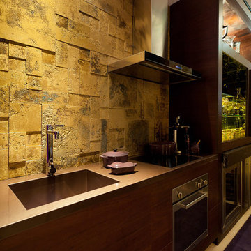 Modern kitchen with stone look cement wall panels