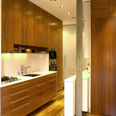 Small minimalist single-wall medium tone wood floor kitchen photo in New York with flat-panel cabinets, medium tone wood cabinets, a single-bowl sink, quartzite countertops, stainless steel appliances and a peninsula