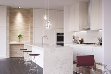 Moderne Küche mit Quarzwerkstein-Arbeitsplatte, Küchenrückwand in Weiß, Rückwand aus Stein, Porzellan-Bodenfliesen, Kücheninsel, braunem Boden und weißer Arbeitsplatte in Dallas