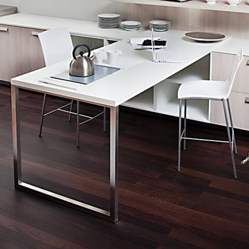 Modern light wood eat in kitchen with dark wood floors
