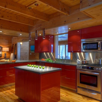 Modern Red Kitchen in a Log Cabin