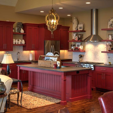 Modern shaker cabinetry with red paint and glaze finish.