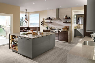 Inspiration för ett stort funkis l-kök, med släta luckor, grå skåp, marmorbänkskiva, rostfria vitvaror och en köksö
