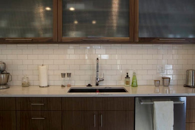Example of a minimalist porcelain tile and gray floor kitchen design in Other with a double-bowl sink, flat-panel cabinets, quartz countertops, white backsplash, subway tile backsplash and stainless steel appliances