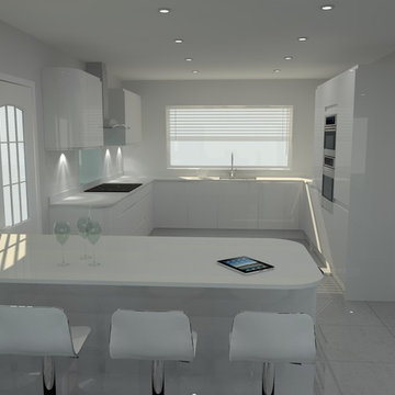 Modern Welford High Gloss White Kitchen with white Quartz Worktop