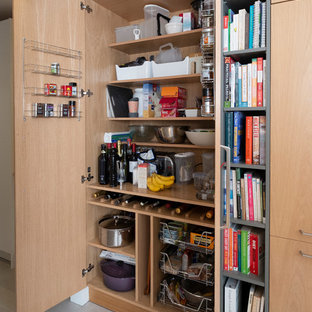 Photo of a small contemporary single-wall kitchen pantry in Cardiff with flat-panel cabinets, porcelain flooring, grey floors and light wood cabinets.