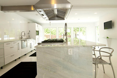 ワシントンD.C.にある中くらいなモダンスタイルのおしゃれなキッチン (フラットパネル扉のキャビネット、白いキャビネット、白いキッチンパネル、シルバーの調理設備) の写真