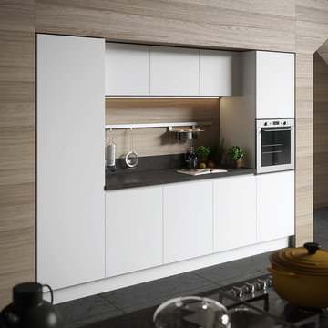 Modern white kitchen with textured counter