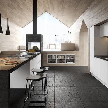 Modern white kitchen with textured counter