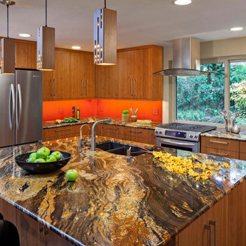Modern Wood & Orange Accent Kitchen & Great Room