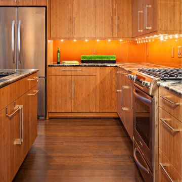 Modern Wood & Orange Accent Kitchen & Great Room