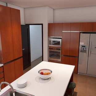 Mid-sized modern kitchen pantry remodeling - Inspiration for a mid-sized modern ceramic tile and beige floor kitchen pantry remodel in Other with a double-bowl sink, orange cabinets, solid surface countertops, an island and white countertops