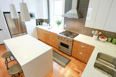 Eat-in kitchen - mid-sized transitional u-shaped light wood floor and white floor eat-in kitchen idea in Toronto with a double-bowl sink, flat-panel cabinets, white cabinets, wood countertops, gray backsplash, subway tile backsplash, stainless steel appliances and an island