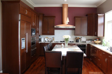 Ejemplo de cocina tradicional renovada con armarios con paneles empotrados, puertas de armario de madera en tonos medios y una isla