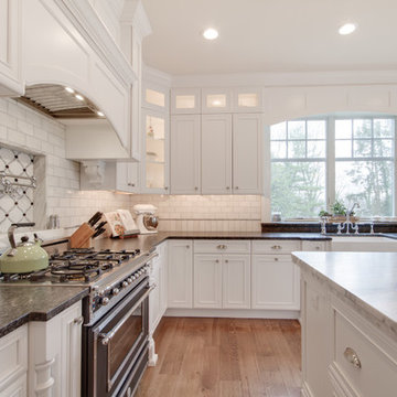 Mont Blanc Quartzite & Silver Pearl Granite in a White Kitchen