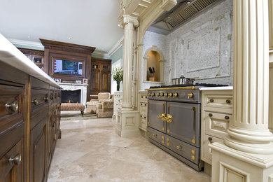 Example of a large classic single-wall marble floor and beige floor open concept kitchen design in Newark with an undermount sink, raised-panel cabinets, beige cabinets, marble countertops, gray backsplash, marble backsplash, stainless steel appliances and an island
