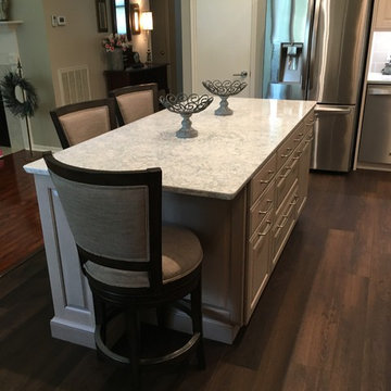 Montgomery engineered quartz countertops atop the gray stained island