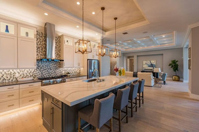 Example of a large transitional l-shaped light wood floor and brown floor open concept kitchen design in Miami with an undermount sink, shaker cabinets, white cabinets, marble countertops, multicolored backsplash, mosaic tile backsplash, stainless steel appliances and an island