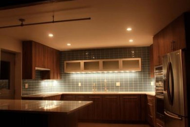 Mid-sized minimalist kitchen photo in Denver with blue backsplash and glass tile backsplash