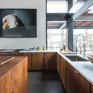 Immagine di una grande cucina stile rurale con lavello sottopiano, ante lisce, pavimento in cemento, ante in legno scuro, top in marmo e elettrodomestici in acciaio inossidabile