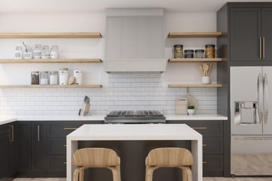 Minimalist l-shaped vinyl floor and beige floor eat-in kitchen photo in Other with an undermount sink, shaker cabinets, black cabinets, quartzite countertops, white backsplash, subway tile backsplash, stainless steel appliances, an island and white countertops
