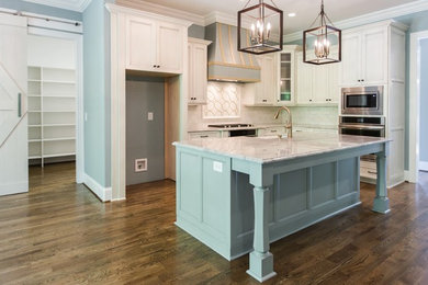 Example of a mid-sized eclectic l-shaped medium tone wood floor eat-in kitchen design in Raleigh with a farmhouse sink, flat-panel cabinets, blue cabinets, quartz countertops, white backsplash, an island and white countertops