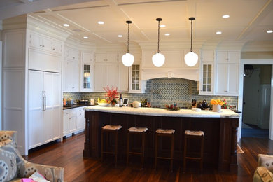 Inspiration for a huge timeless l-shaped dark wood floor open concept kitchen remodel in DC Metro with an undermount sink, beaded inset cabinets, white cabinets, granite countertops, blue backsplash, glass tile backsplash, stainless steel appliances and an island