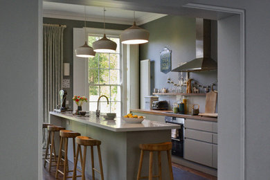 Transitional galley kitchen photo in London with flat-panel cabinets and an island