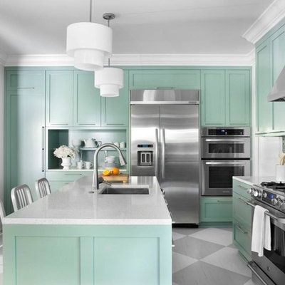 Inspiration for a contemporary painted wood floor kitchen remodel in Atlanta with stainless steel appliances, shaker cabinets, green cabinets, multicolored backsplash, a single-bowl sink and mosaic tile backsplash