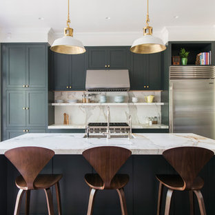 Mid-sized asian l-shaped eat-in kitchen in Other with a drop-in sink, flat-panel cabinets, black cabinets, concrete benchtops, blue splashback, matchstick tile splashback, white appliances, marble floors and multiple islands.