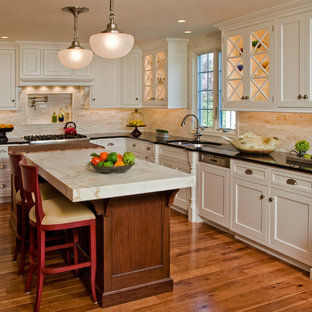 Inspiration for a timeless kitchen remodel in Philadelphia with beaded inset cabinets, marble countertops, a double-bowl sink, white cabinets and beige backsplash