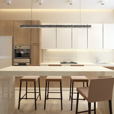 Mid-sized minimalist single-wall beige floor kitchen photo in Minneapolis with a drop-in sink, flat-panel cabinets, white cabinets, quartz countertops, beige backsplash, stone slab backsplash, stainless steel appliances and an island