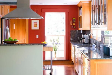 Imagen de cocina minimalista con fregadero bajoencimera, puertas de armario de madera clara, electrodomésticos de acero inoxidable y suelo de madera en tonos medios