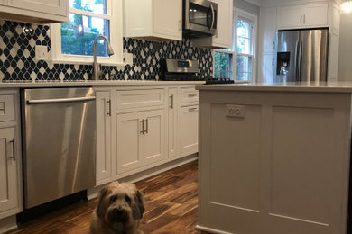 Mid-sized transitional l-shaped dark wood floor eat-in kitchen photo in Other with an undermount sink, shaker cabinets, white cabinets, quartz countertops, blue backsplash, mosaic tile backsplash, stainless steel appliances, an island and white countertops