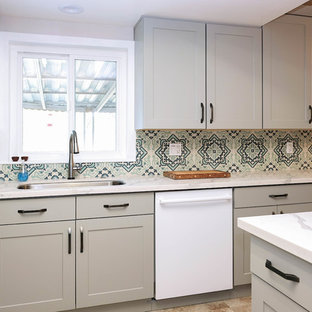 Design ideas for a small traditional l-shaped eat-in kitchen in Los Angeles with a drop-in sink, shaker cabinets, grey cabinets, quartz benchtops, blue splashback, cement tile splashback, white appliances, ceramic floors, no island and pink floor.