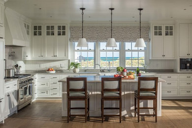 Inspiration for a coastal medium tone wood floor kitchen remodel in Boston with a farmhouse sink, shaker cabinets, white cabinets, granite countertops, paneled appliances and an island