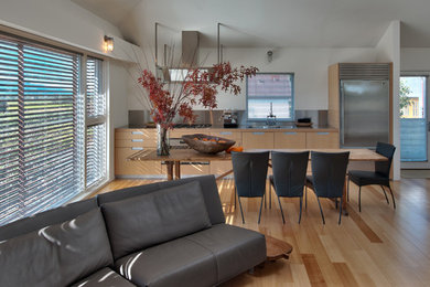 Bild på ett mellanstort funkis kök med öppen planlösning, med en undermonterad diskho, släta luckor, skåp i ljust trä, bänkskiva i rostfritt stål, rostfria vitvaror, ljust trägolv, en köksö och brunt golv