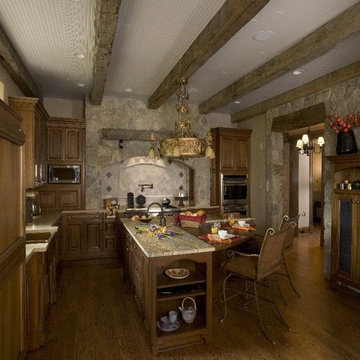 Natural Cherry Cabinet Kitchen with Stone and Rustic Timber Hood