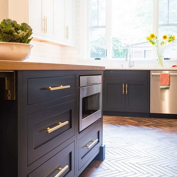 Navy and white Kitchen with Copper Accents
