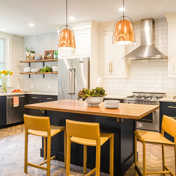 Navy and white Kitchen with Copper Accents