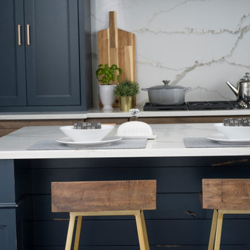 Navy Blue Modern Farmhouse Kitchen Island with Shiplap Details and Decorative Co