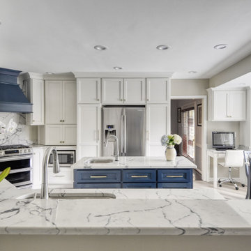 Navy Stained Island, Hood vent and Floating Shelves in White Shaker Kitchen