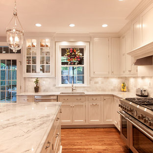 Large contemporary kitchen remodeling - Kitchen - large contemporary medium tone wood floor kitchen idea in DC Metro with beaded inset cabinets, white cabinets, granite countertops and an island