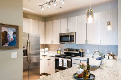 Enclosed kitchen - mid-sized transitional u-shaped light wood floor and brown floor enclosed kitchen idea in Raleigh with an undermount sink, flat-panel cabinets, light wood cabinets, quartz countertops, gray backsplash, stainless steel appliances, a peninsula and beige countertops