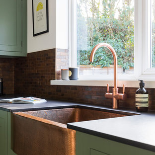 75 Beautiful Green Floor Kitchen with Metal Backsplash ...