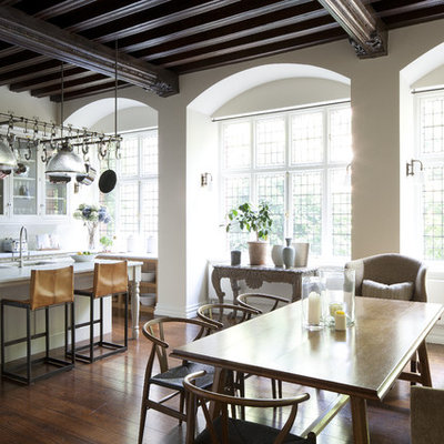 Example of a large classic galley dark wood floor open concept kitchen design in London with a single-bowl sink, recessed-panel cabinets, white cabinets, marble countertops, metallic backsplash and an island